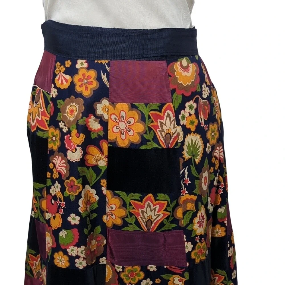 Vintage 70s‎ Velvet Patchwork Wrap Maxi Skirt Bohemian Hippie Florals Festival